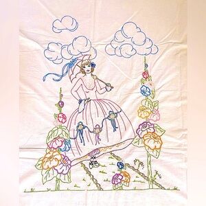 Embroidered BedSpread‎ Tapestry Handmade Vintage Lady with Flowers  74” x 85”